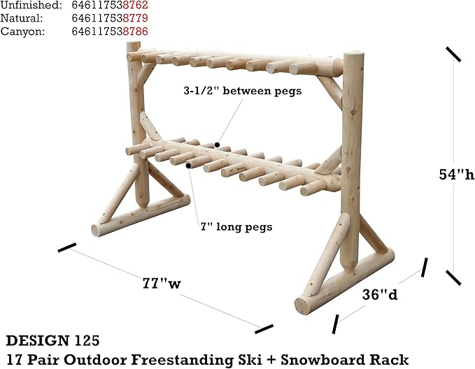 17-Place Freestanding Log Ski Rack Holder, Indoor & Outdoor Snowboard Racks, Standing Storage, Garage Racks for Snow Skis, Durable Snowboard Rack Garage Storage Organizer - Natural + 15" Anchor Kit