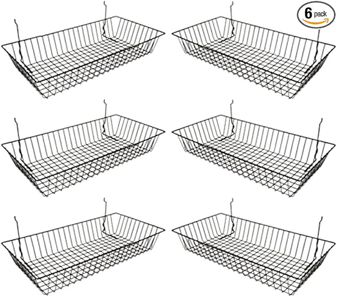 Only Garment Racks #5624B (Pack of 6) Black Wire Baskets for Grid Wall and Slat Wall - Merchandiser Baskets, Black Wire Basket 24" L x 12" D x 4" H (Set of 6) (Pack of 6)
