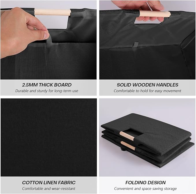 Fabric Storage Bin 3 Pack Foldable Cotton Linen Storage Basket with Wooden Handles Rectangular Cube Box – Black, Small