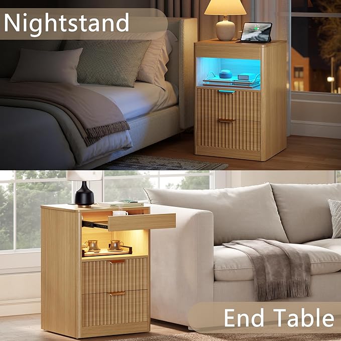 REAHOME Fluted Nightstand with Charging Station, Modern LED Night Stand with 2 Drawers and Pull Out Tray, Wood Bedside Table, End Side Table with Open Shelf for Bedroom,Natural