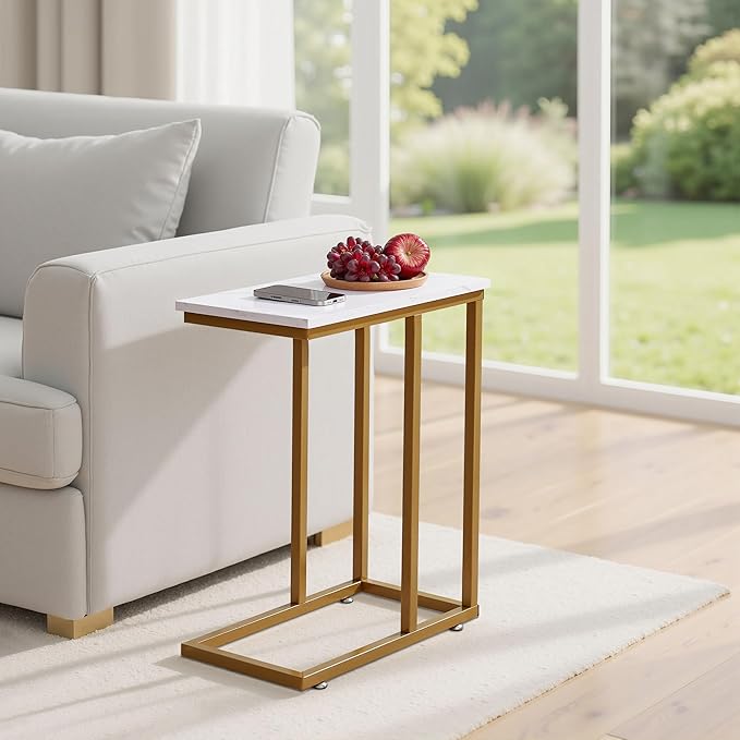 VECELO C Shaped End Side Table for Sofa Couch and Bed Snack TV Tray for Living Room Bedroom, 2 PCS, Gold