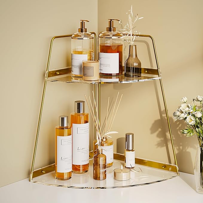 NiHome 2-Tier Acrylic Countertop Corner Organizer for Bathroom Kitchen Bedroom, Corner Skincare Organizers Makeup Organizer for Vanity Storage - Sturdy Metal Frame & Anti-Slip Pads, Home & Office Use