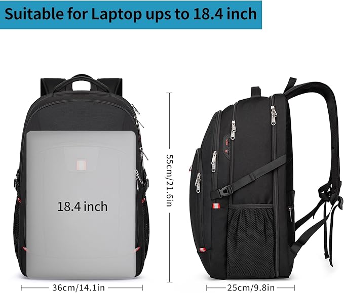 Della Gao Travel Laptop Backpack, 18.4 inch Extra Large Backpack for Men and Women, 45L Capacity Business Computer Back Pack (Black, 18.4 Inch)