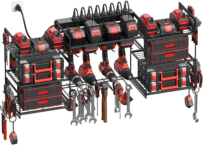 CCCEI Black Power Tool Organizer Wall Mount, Large Tools and Battery Storage Rack Charging Station Individual Switches. Drills Holder, Garage Utility Shelves with 6FT Power Strip. Gift for Men.