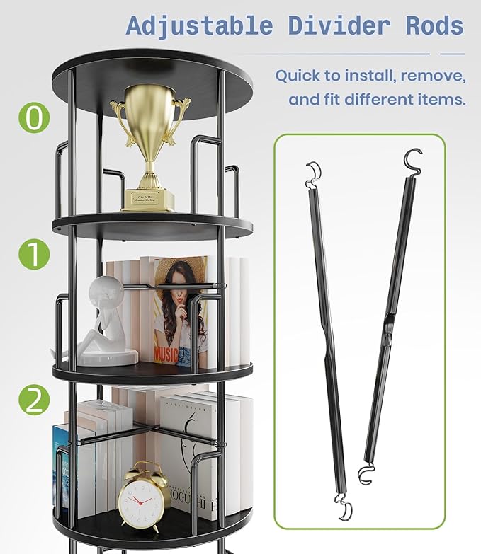 4 Tier Rotating Bookshelf Tower Round Black,50” Floor Standing Spinning Bookshelf Tower Anti-Tipping Design,Metal & Wood Revolving Bookcase Stackable Space Saving for Small Spaces,Study,Living Room