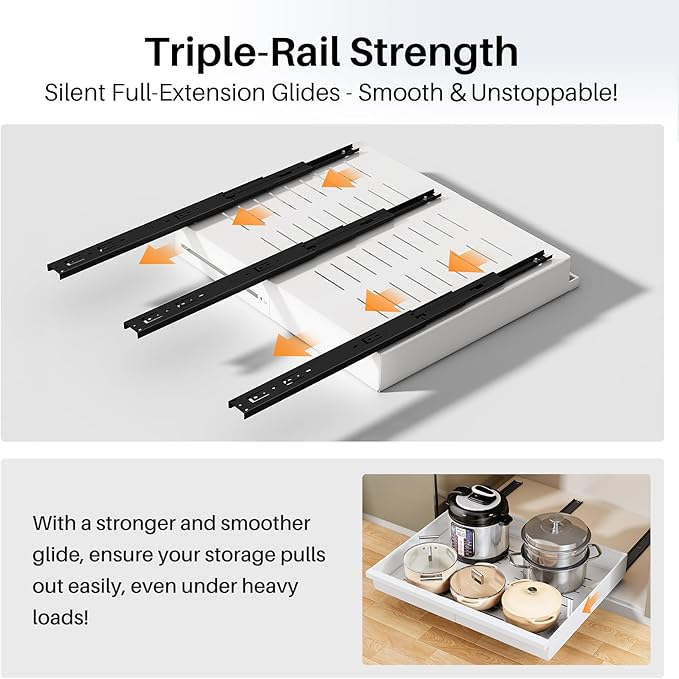Pull out Cabinet Organizer, 1-Pack Expandable(13.6"-24") Silde out Drawers with Raising Pad for Framed Cabinets, Adjustable Full-Extension Adhesive Roll out Shelves for Kitchen Pantry Home Pot and Pan