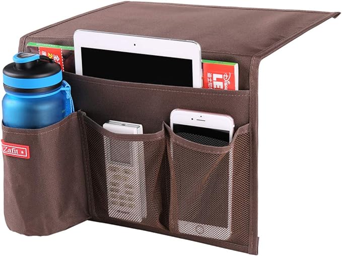 Bedside Storage Organizer - Table Cabinet Organizer Caddy for Remotes, Phone, Glasses (4 Pockets - Coffee)