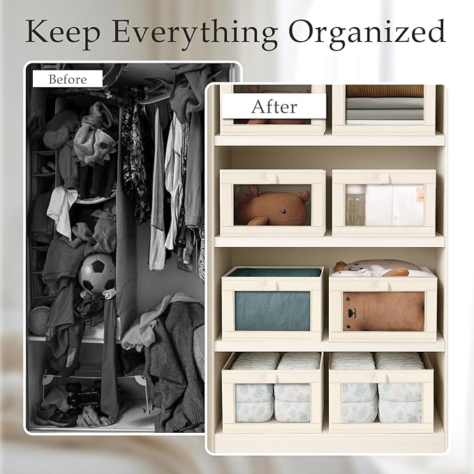 Criusia 6 Pack Linen Closet Organizers and Storage, Large Linen Closet Baskets for Organization, Foldable Storage Containers for Clothing, Towels, Toys, Jeans, Books, Shelves, Beige