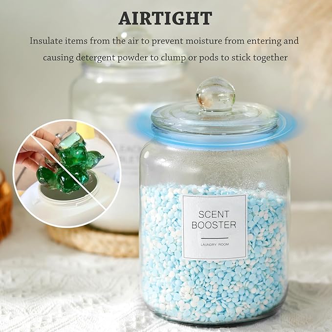 Laundry Pods Glass Jars - Half Gallon Airtight Containers with Scoop and Labels for Organization and Storage Laundry Room Detergents Powder, Scent Booster Beads Holder, Set of 2