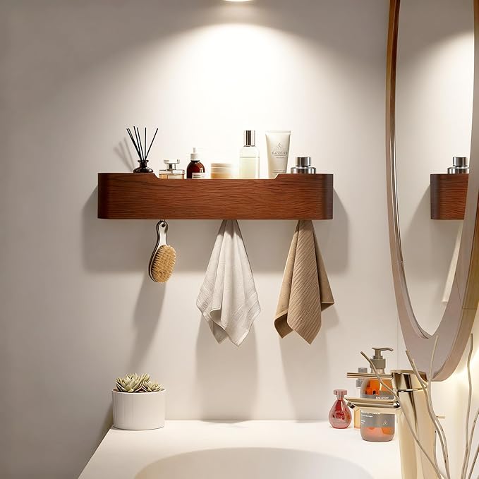 Wall Coat Rack Floating Shelves Modern Coat Rack Wall Mount with Storage Entryway Shelf Wooden Hanger 20 Inch 4 Hidden Metal Hooks for Living Room Bedroom (Walnut Color, 4 Hooks)