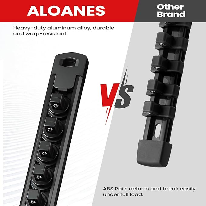 ALOANES 1/2-Inch Drive Magnetic Socket Organizer, Heavy Duty Aluminum Socket Rail Organizer, 360° Swivel Clips Socket Holder Kit for Tool Box, 1/2 Inch Socket Holder x 12 Clips (Black)