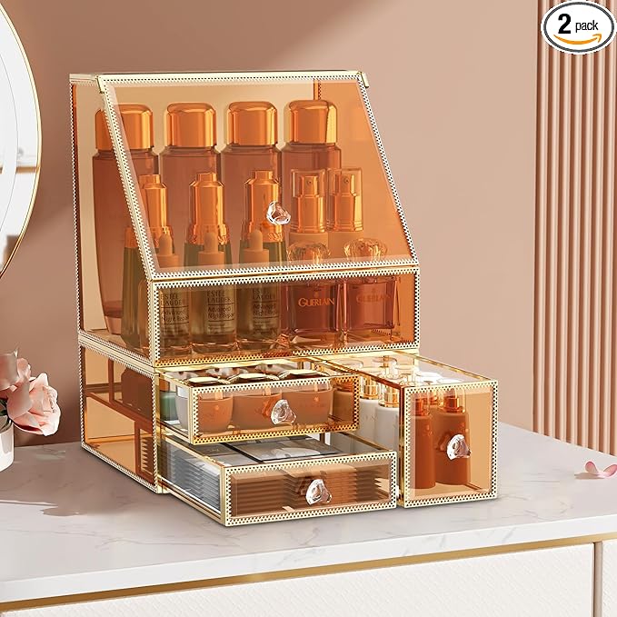 Makeup Organizer Countertop,Amber Makeup Organizer with Drawer, Skincare Holder for Bathroom Countertop,Cosmetic Display Case for Dresser