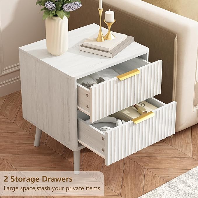 CARPETNAL Fluted Nightstand Set of 2, White Bedside Table with 2 Drawers and Gold Handles, Wood End Table Mid Century Night Stands for Bedroom Living Room