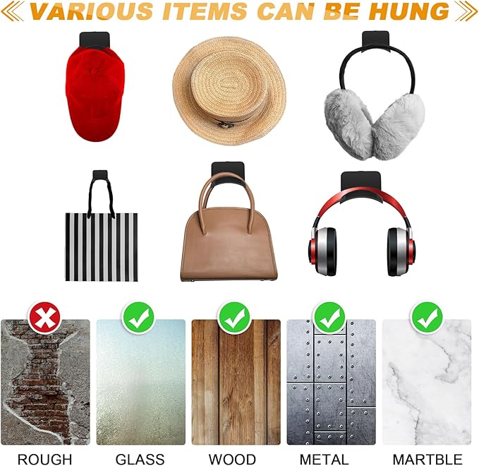 Headphone Wall Hangers Adhesive Gaming Headset Holder Hooks for Wall Mount Strong Universal Stand Hooks for Most Headphone Controller, Hat, Baseball Caps, Door, Closet(Black,12 Pcs)