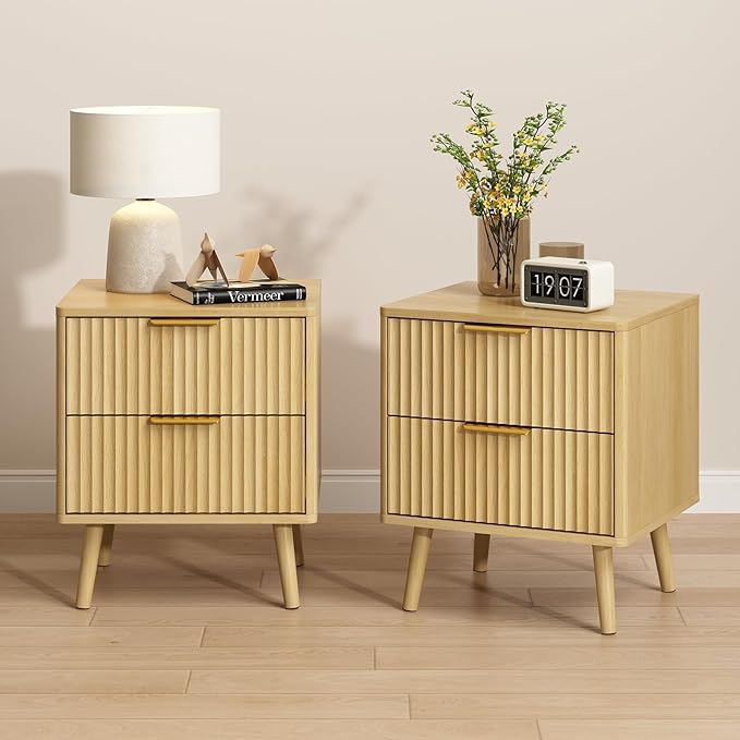 CARPETNAL Fluted Nightstand Set of 2, Oak Bedside Table with 2 Drawers and Gold Handles, Wood End Table Mid Century Night Stands for Bedroom Living Room