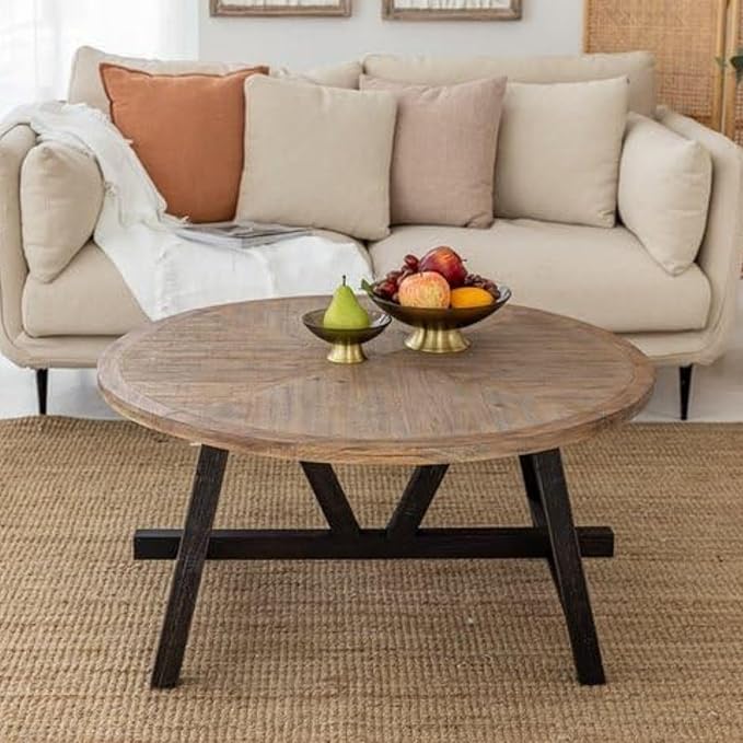 Rustic Farmhouse Coffee Table with Geometric Base, French Country Accent Table for Family, Dinning or Living Room, Modern, Round