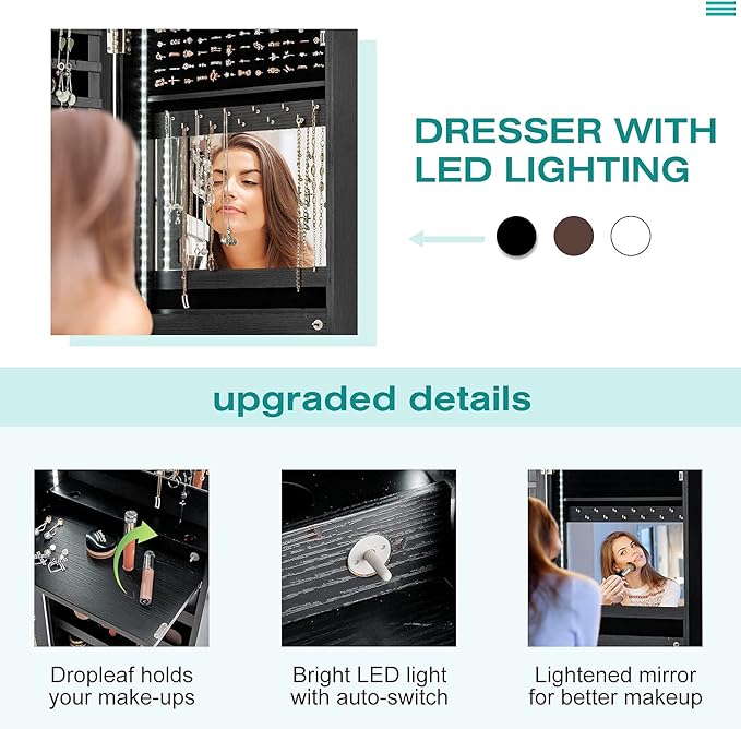 CHARMAID LED Strip Jewelry Armoire with 47.2" H Full Length Mirror, Wall/Door Mounted Jewelry Organizer with Built-in Mirror, Flip-over Cosmetic Tray, 4 Drawers, Large Storage Jewelry Cabinet (Black)