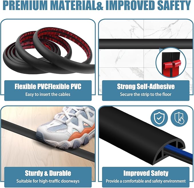 Floor Cord Covers for Wires 10FT Cable Hider Wire Coverr Self Adhesive Cord Hider Floor for Offices, Homes, Workshops, Warehouses Cable Cavity 0.47" W x 0.27" H