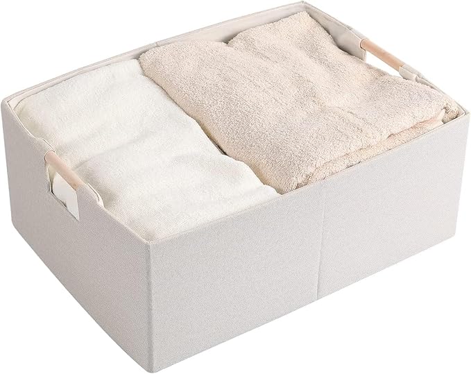 Fabric Storage Bin 3 Pack Foldable Cotton Linen Storage Basket with Wooden Handles Rectangular Cube Box - Beige, Small