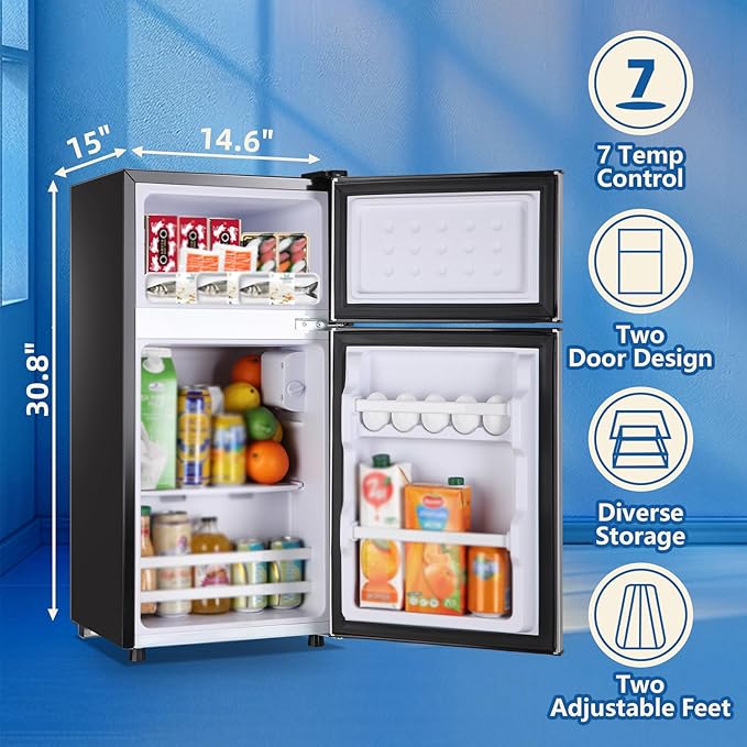 Tiny Personal Capacity Silver Refrigerator with Freezer Double Door Mini Fridge Small Apartment Refrigerator with 7 Adjustable Temp Control