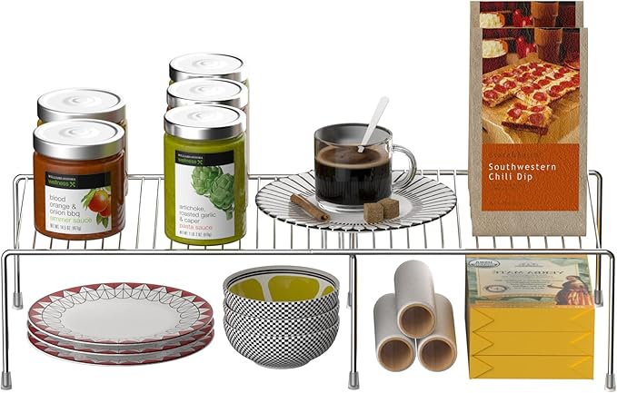Redrubbit Cabinet Storage Shelf Rack, 4 Piece Expandable Metal Rustproof Kitchen Counter and Cabinet Shelf, Storage Rack Organizer Space Saver for Kitchen, Fridge, Cabinet, Bathroom, Chrome, Set of 2