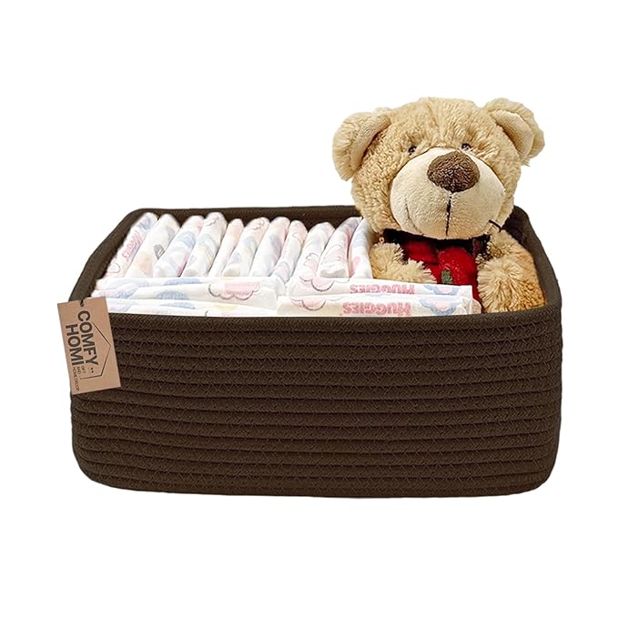 COMFY-HOMI 13" x 8.5" x 5.1" Storage Baskets for Organizing | Cotton Rope Woven Basket | Toy Storage Bin Box | Basket for Shelves, Closet Organizer Bin, Decorative Closet Shelf, 1 Pack,