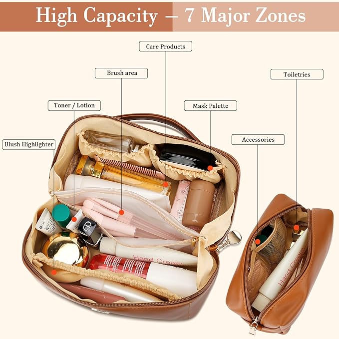 Birthday Gifts for Women Teen Girl, Personalized Initial Makeup Organizer Bag Set, Open Flat Travel Cosmetic Bag With Clear Divider and Handle(Brown,R)