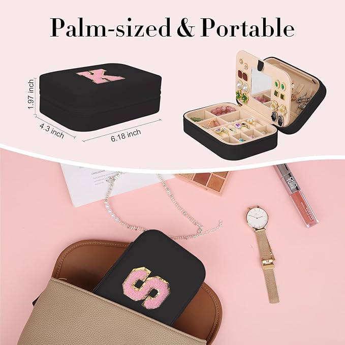 TopPerfekt Travel Jewelry Case, Jewelry Box with Mirror, Jewelry Organizer Bridal Shower Gifts to Her, Earring Storage Travel Case, Trendy Gift for Women and Girls, Girlfriend-Letter S, Black