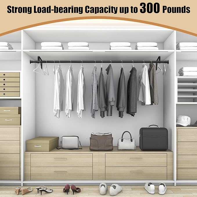 Closet Rod, 16 to 100 Inch Closet Rods Heavy Duty Adjustable Wardrobe Poles for Hanging Clothes and Heavy Duty Bracket Closet Pole Support (The Shelf NOT Included)(Black)