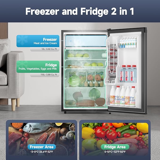 4.3 Cu.Ft Mini Fridge with Freezer, Single Door Refrigerator with Adjustable Thermostat, Mini Compact Fridge for Bedroom, Office, Dorm, RV