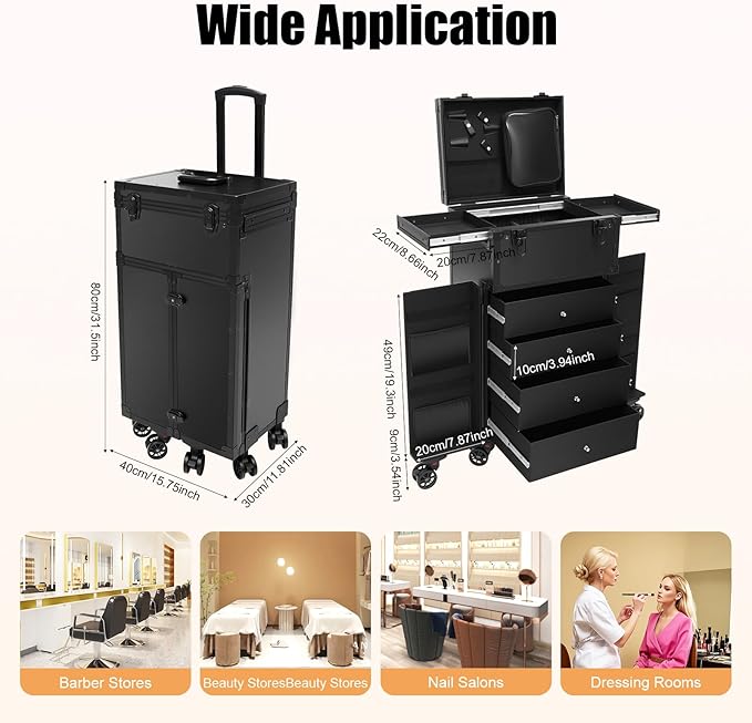Cosmetic Train Case,Makeup Organizer Travel Case with Multiple Compartments,Rolling Makeup Case,Professional Makeup Casewith Wheels for Make-up Artists,66Lbs Load-Bearing (Black-6 Wheels)
