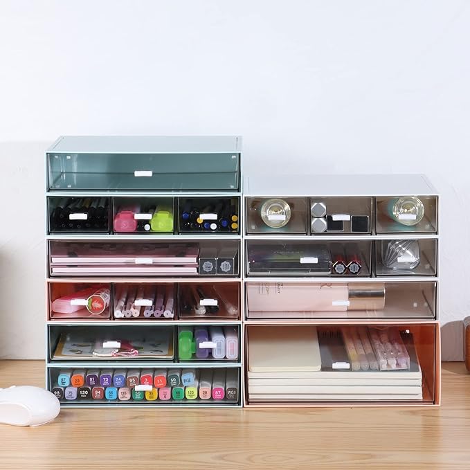 Desk Craft Organizer and Storage with 7 Flat Drawers, Stackable Plastic Desktop Accessories & Workspace Organizer for Office Stationary, Makeup Skincare, Sanitation Supplies, White