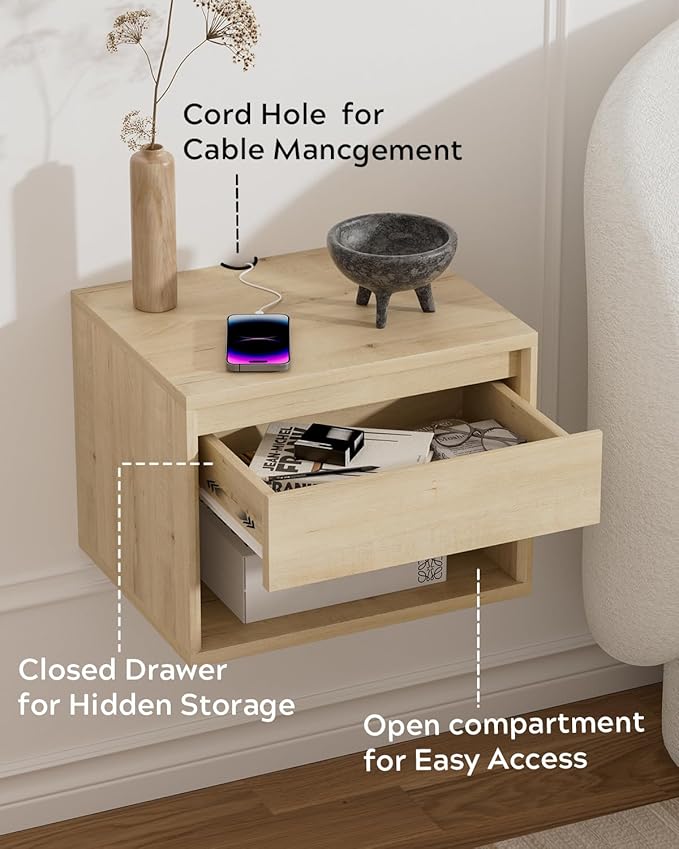 Floating Nightstand Set of 3, Wall Mounted Bedside Table with Storage Drawer and Open Shelf, Modern Night Stand withHandless Design for Living Room, Bedroom, Dorm, Light Oak