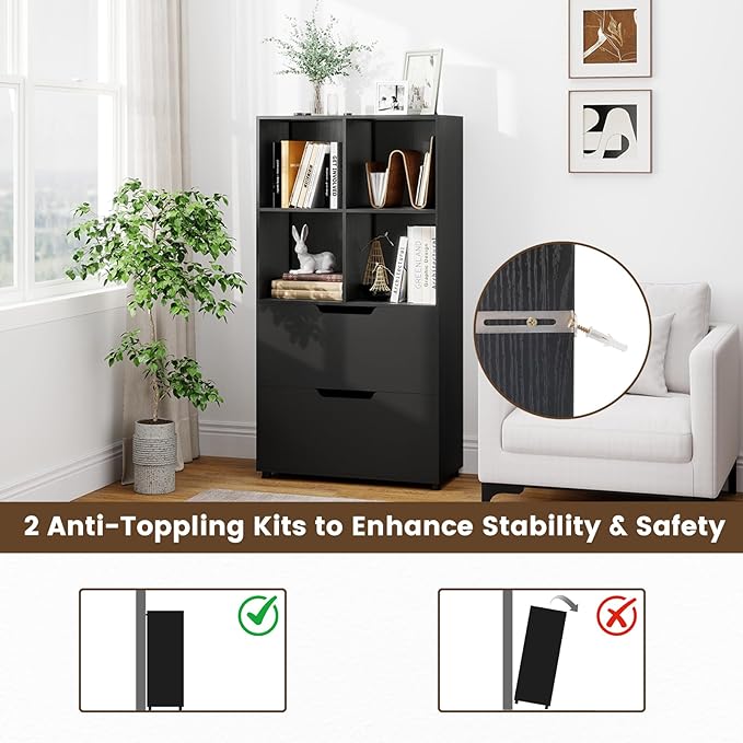 GOFLAME 4-Tier Bookcase with 2 Drawers, 51” Tall Bookshelf with 4-Cube Open Shelf, Wood, Modern, Freestanding Display Storage Organizer Shelf for Living Room, Home Office (1,Black)