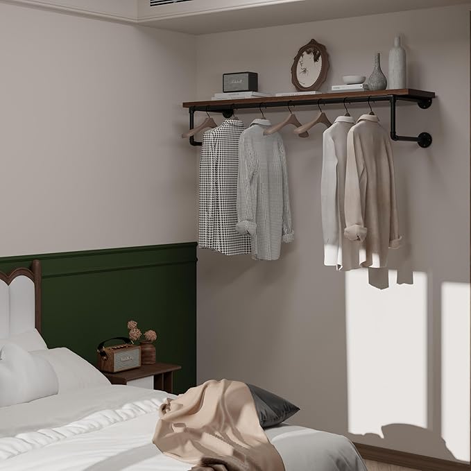 Clothes Rack 48in, Wall Mounted Garment Racks with Real Walnut Wood Shelf, Heavy Duty Hanging Clothes Rack, Multi-Purpose Hanging Rod, Space-Saving Closet Storage