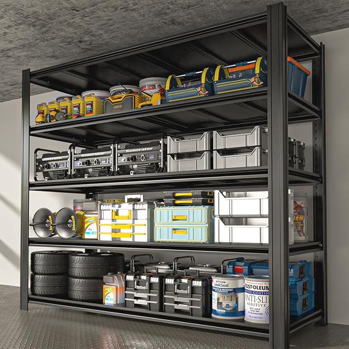 55.12" W Father&I 5-Shelf Industrial Adjustable Heavy-Dudy Tall Metal Steel Garage Storage Shelves Shelving Units/Rack System (Commercial) for Basement/Shop/Dorm, 84" H*55.12" W*24" D*, Black