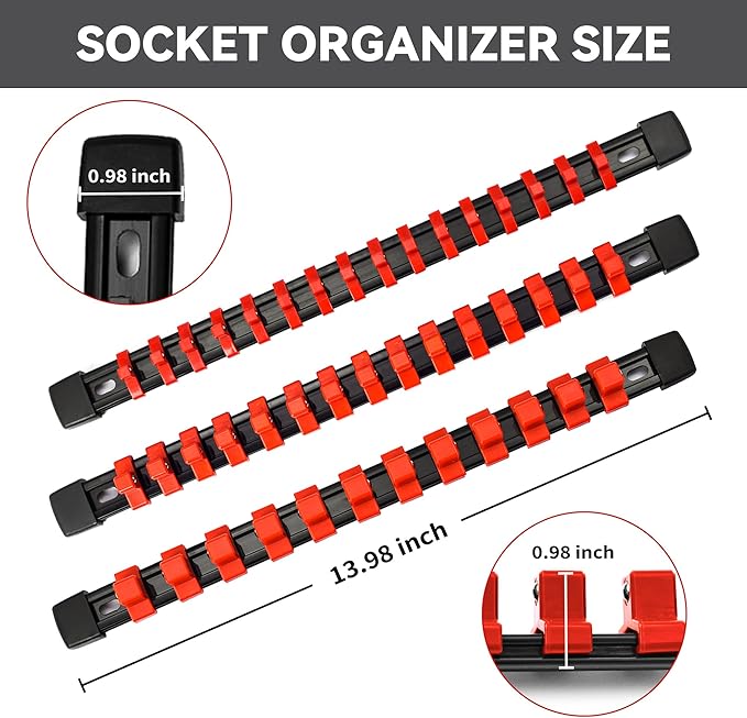 Socket Organizer Drive ABS Tools-Socket Holder, Premium Quality 9 Pieces Holders Kit 1/4-Inch x 48 Clips, 3/8-Inch x 45 Clips, 1/2-Inch x 36 Clips