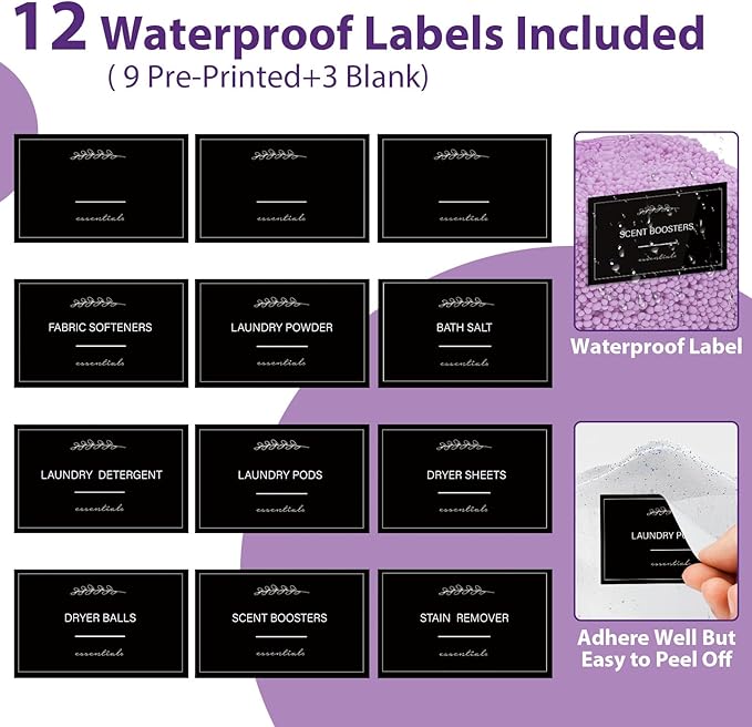 4 Pack Clear Laundry Pods Container, Plastic Square Laundry Room Organization and Storage Jars with Black Lids, Scoops & Labels for Detergent, Powder, Dryer Balls