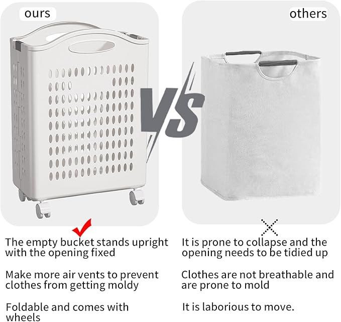 Rolling Laundry Hamper with Wheels White Plastic Storage Bin with Handles, 14W×11D×21H Large Capacity for Small Spaces, Bedroom & Bathroom