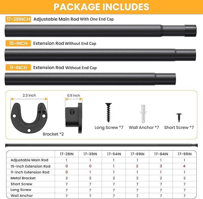 2 Pack Closet Rods for Hanging Clothes, 17-69 Inch No-Cut Stepless Adjustable Closet Rod, 1.3 Inch Heavy Duty Metal Closet Hanging Rod with Brackets, Black Closet Bar for Closet, Laundry Room, RV