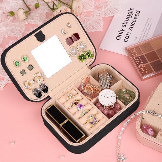 TopPerfekt Travel Jewelry Case, Jewelry Box with Mirror, Jewelry Organizer Bridal Shower Gifts to Her, Earring Storage Travel Case, Trendy Gift for Women and Girls, Girlfriend-Letter D, Black