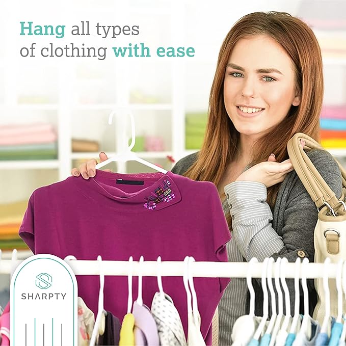 Sharpty Plastic Hangers, 50 Pack, Slim, Space Saving, Heavy Duty, White
