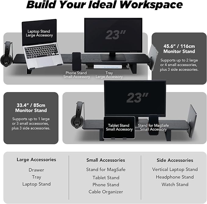 Moodular Wooden Monitor Stand 33.4” (85cm) Desk Organizer with Metal Slide Rails for Drawer, Tray, Laptop, Tablet, Phone & Headphones Customizable Riser for Organized Workspace Oak MS85-O