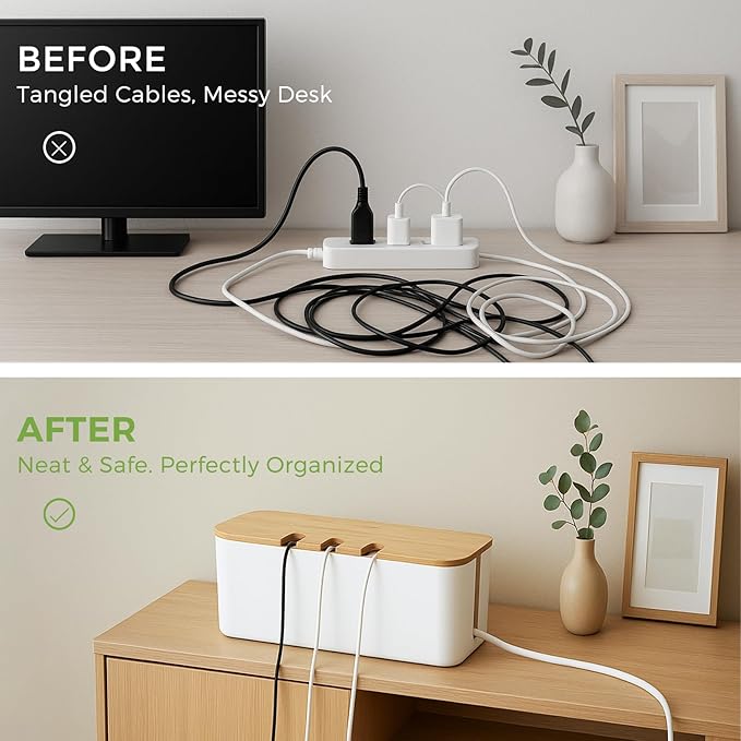 Cable Management Box, Cord Cable Organizer Box with Bamboo Lid, Under Desk Cable Management with 10 Cable Ties and 2 Cable Clip Holders for TV Router Computer USB Hub White