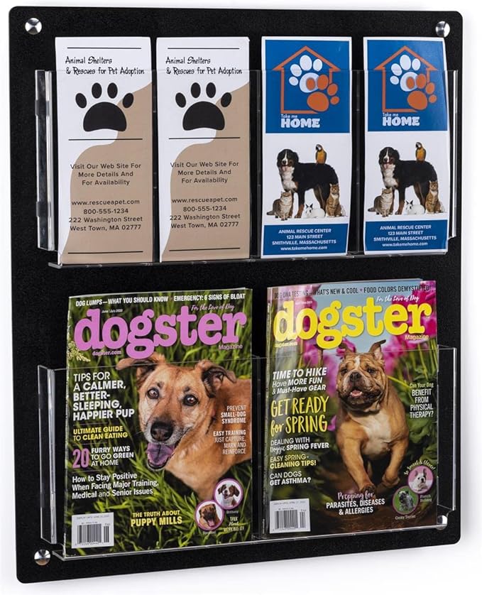 Displays2go Acrylic Wall Mounted Magazine Rack, 4-8 Adjustable Pockets, 2-Tiered - Black (2RP4BLK)