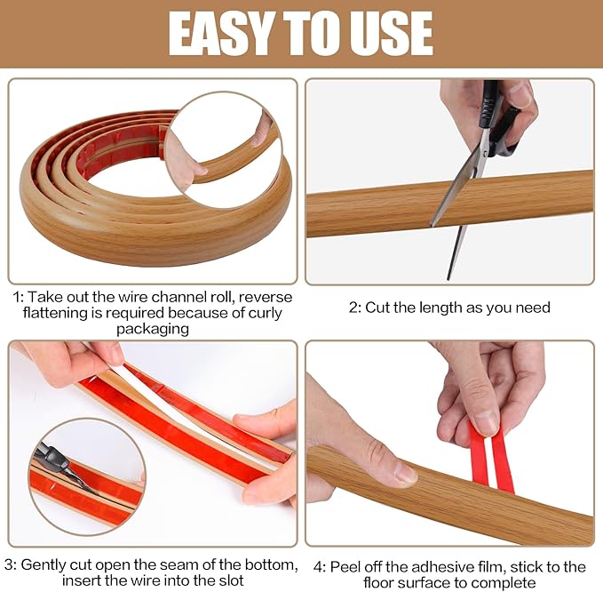 Floor Cord Cover Self Adhesive Cord Hider,3.3FT Cable Management, Extension Strip Protector for Wires, Prevent Cable Trips for Offices, Gyms, Exhibitions Cavity:0.51"(W) x 0.3"(H) Brown Wood