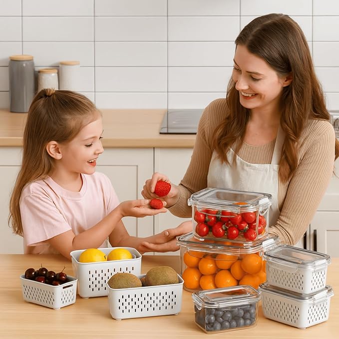 3 Pack Airtight Food Storage Containers with Lids – Refrigerator Organizer Bins with Removable Drain Basket, BPA-Free Fridge Produce Saver for Fruits & Vegetables, Stackable Kitchen Storage Boxes