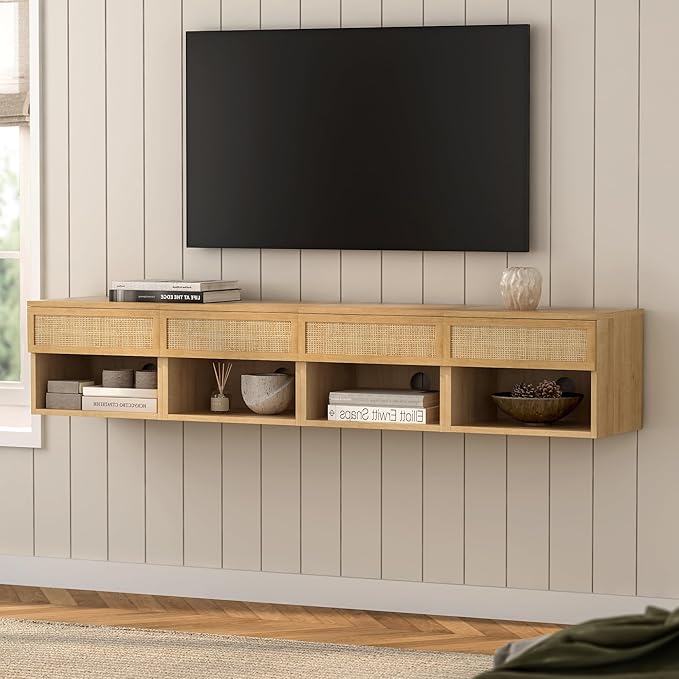 Rattan Floating Nightstands Set of 2, Wall Mounted End Table with Drawer and Open Compartment Modern Wood Bedside Night Stand Storage Cabinet for Bedroom Living Room, Natural Oak