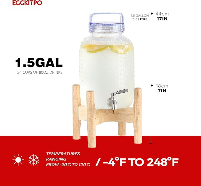 EGGKITPO 1.5 Gallon Drink Dispensers with Spigot and Elegant Stand for Parties Polycarbonate Lemonade Dispenser with Wood Stand Blue Cover Iced Beverage Dispenser for Water Punch Juice BPA FREE