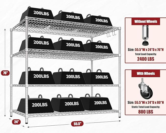 PrimeZone 4 Tier 55.5" Wx24 Dx76 H Wire Shelving with Wheels 2400lbs NSF Certified Storage Shelves Heavy Duty Metal Shelf Adjustable Rolling Rack Commercial Garage Restaurant Warehouse Kitchen 6Pack